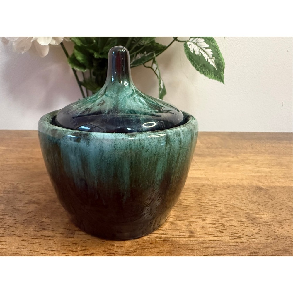 Vintage Blue Mountain Pottery Canada Green Black Drip Glaze Lidded Bowl Retro